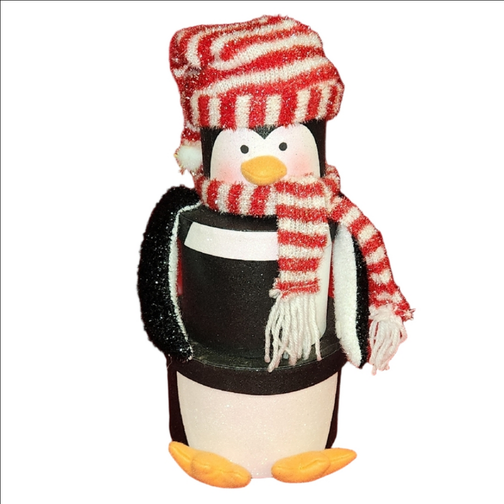 Festive Penguin Decor Container with Red and White Stripes